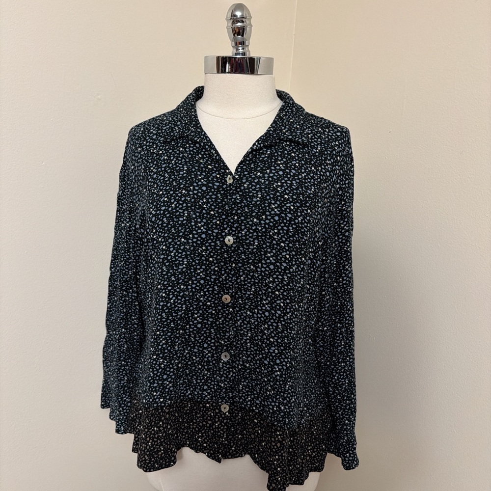 Habitat Black/Blue/Brown Speckle Print Viscose Flare Sleeve Blouse L